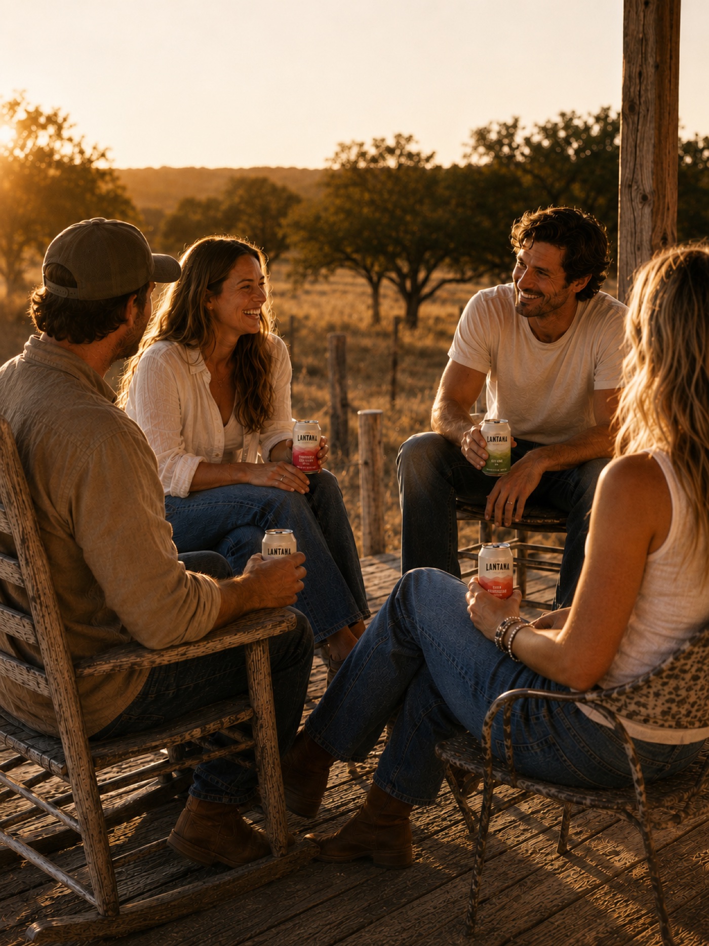 Friends on a Texas ranch porch at golden hour